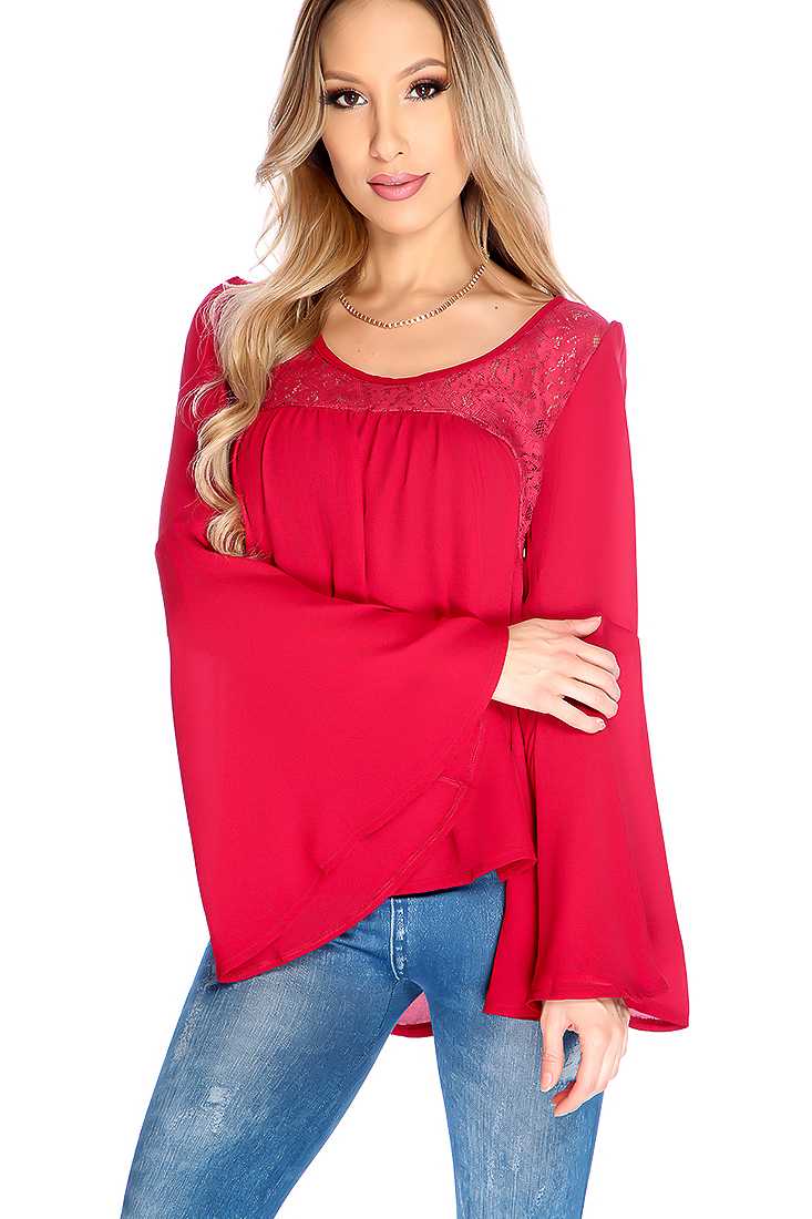 Wine Long Sleeve Floral Lace Detail Dressy Top