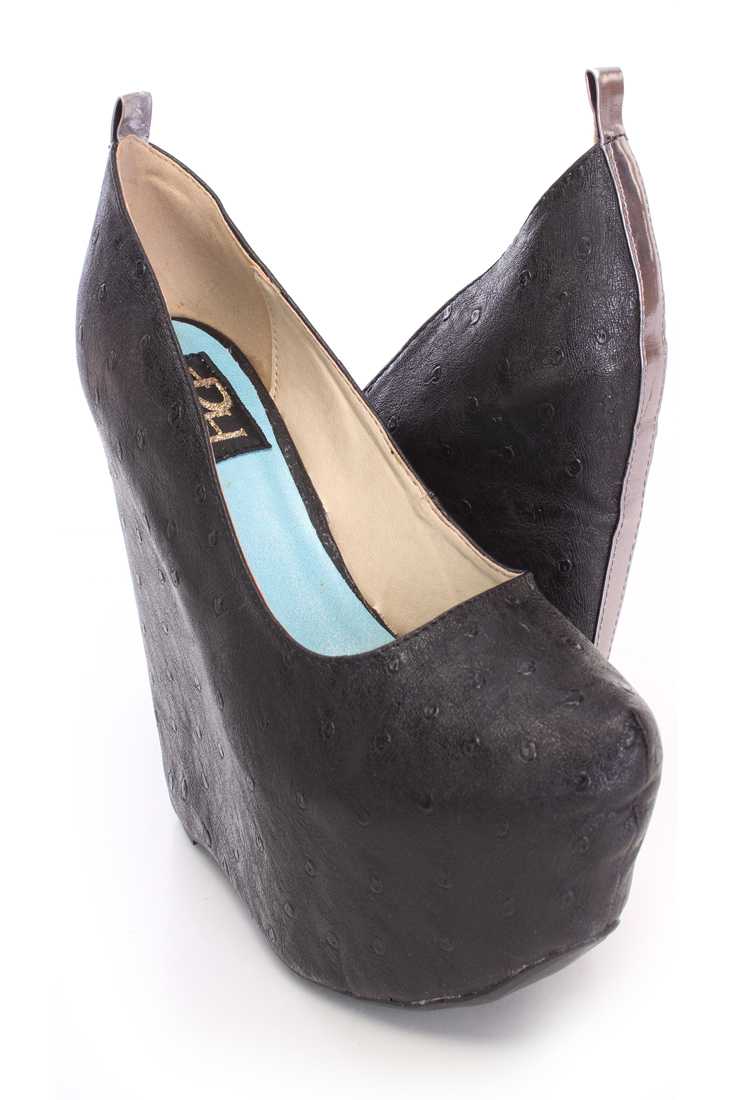 Black Ostrich Skin Print Wedges Faux Leather