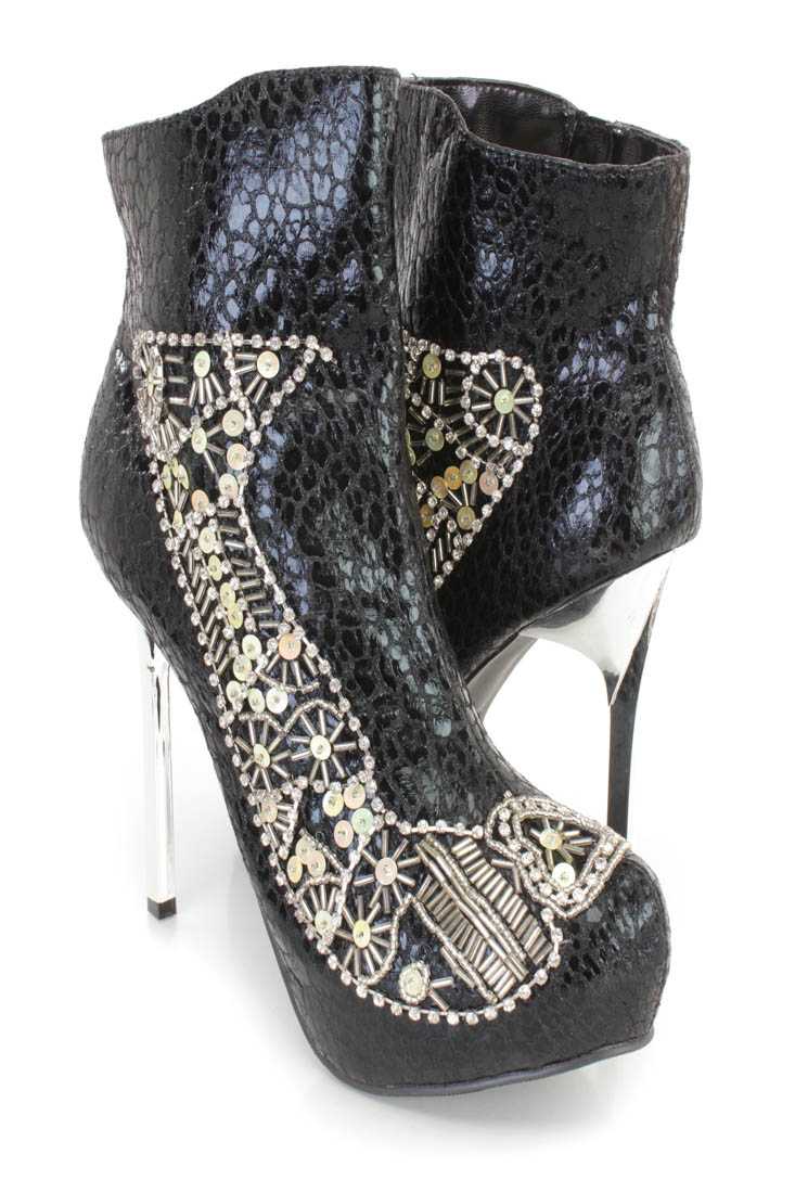 Black Rhinestone Sequin Beaded High Heel Booties Faux Leather