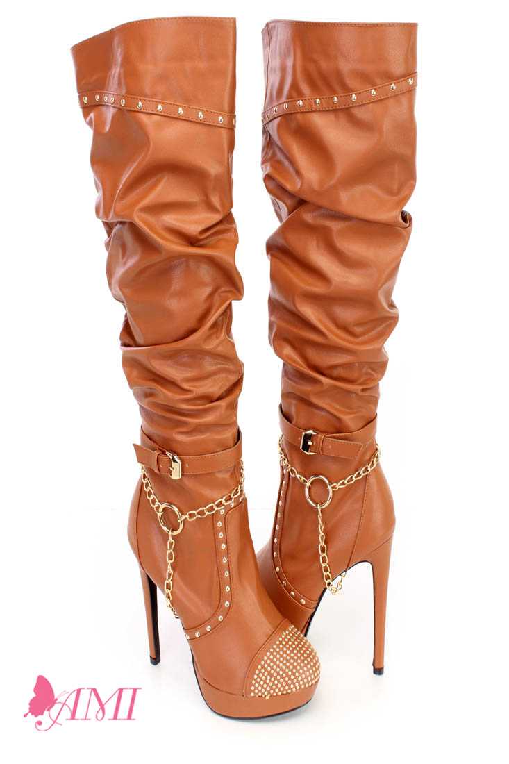 Cognac Slouchy Studded Knee High Heel Boots Faux Leather