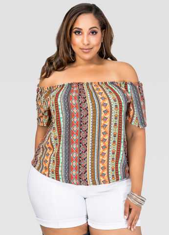 Printed Off-Shoulder Peasant Top