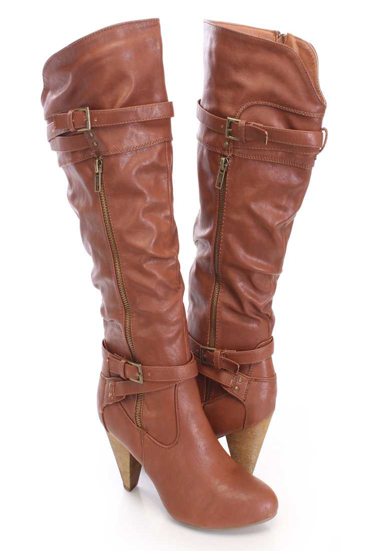 Cognac Knee High Strappy Boots Faux Leather