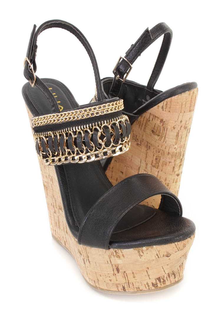 Black Link Chain Decor Cork Platform Wedges Faux Leather