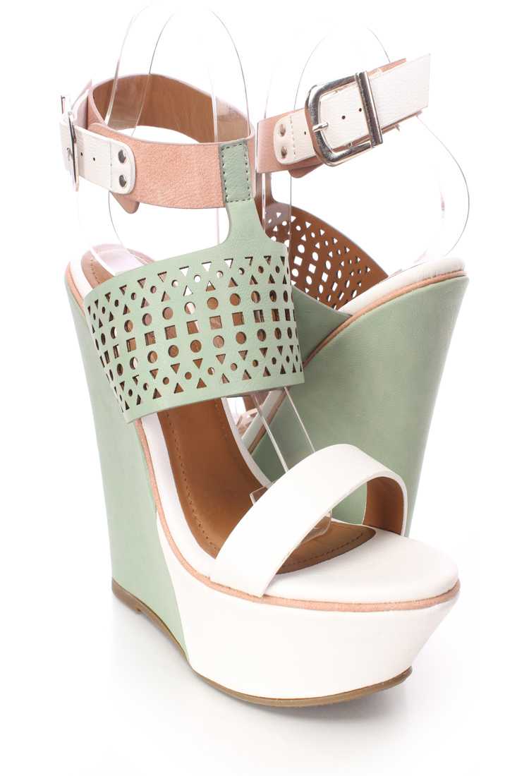 White Perforated Strappy Wedges Faux Leather