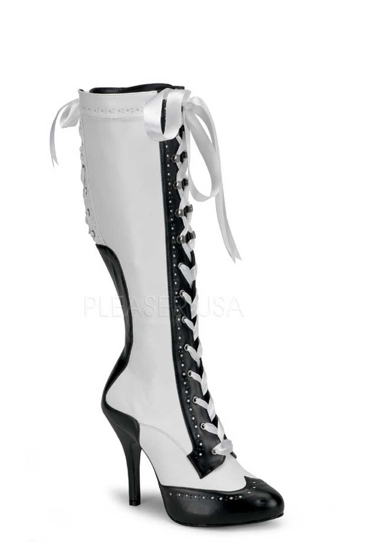 White Black Two Tone Lace Up Boots Faux Leather