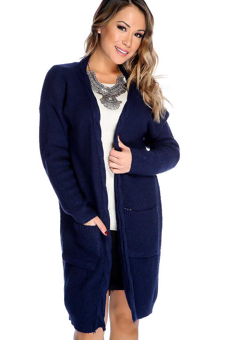 Navy Knitted Open Front Long Cardigan