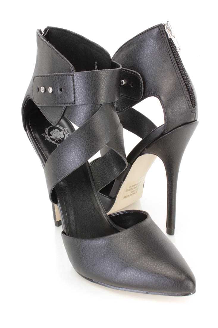 Black Cross Strappy Single Sole High Heels Faux Leather