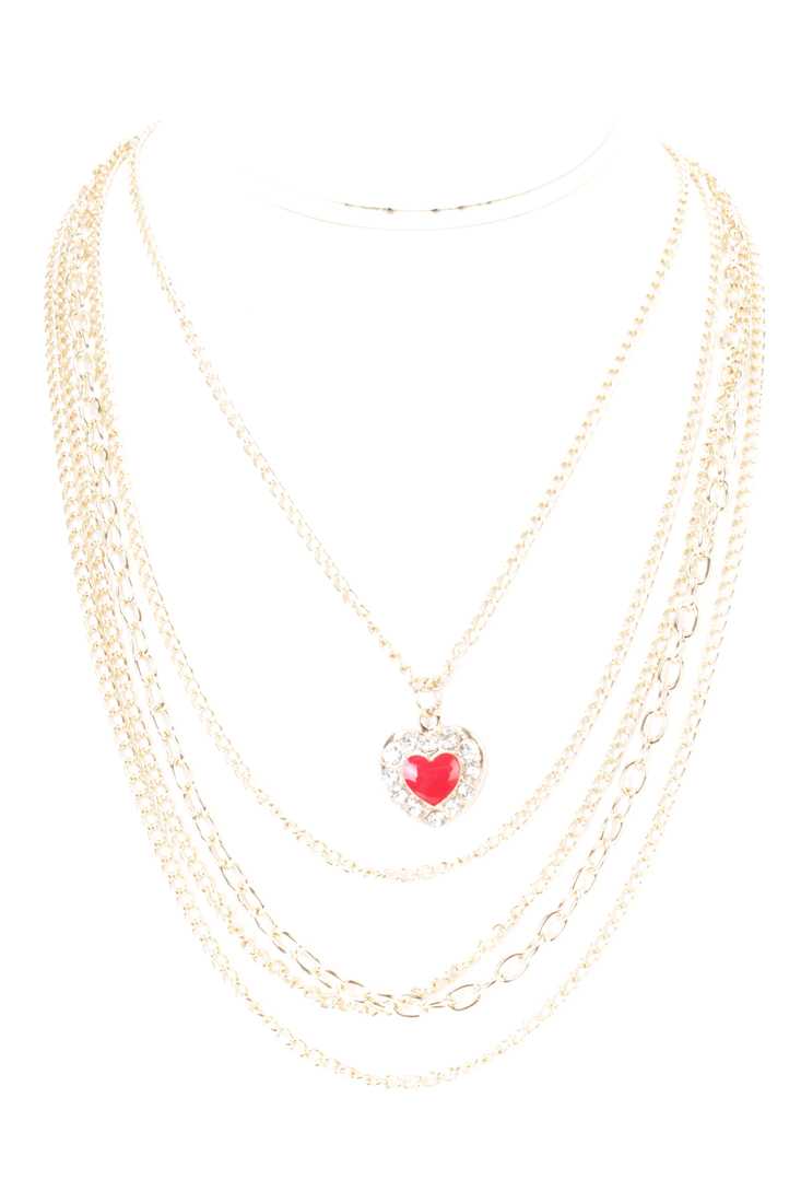 Red Gold High Polish Heart Draped Chain Rhinestone Heart Pendant Necklace