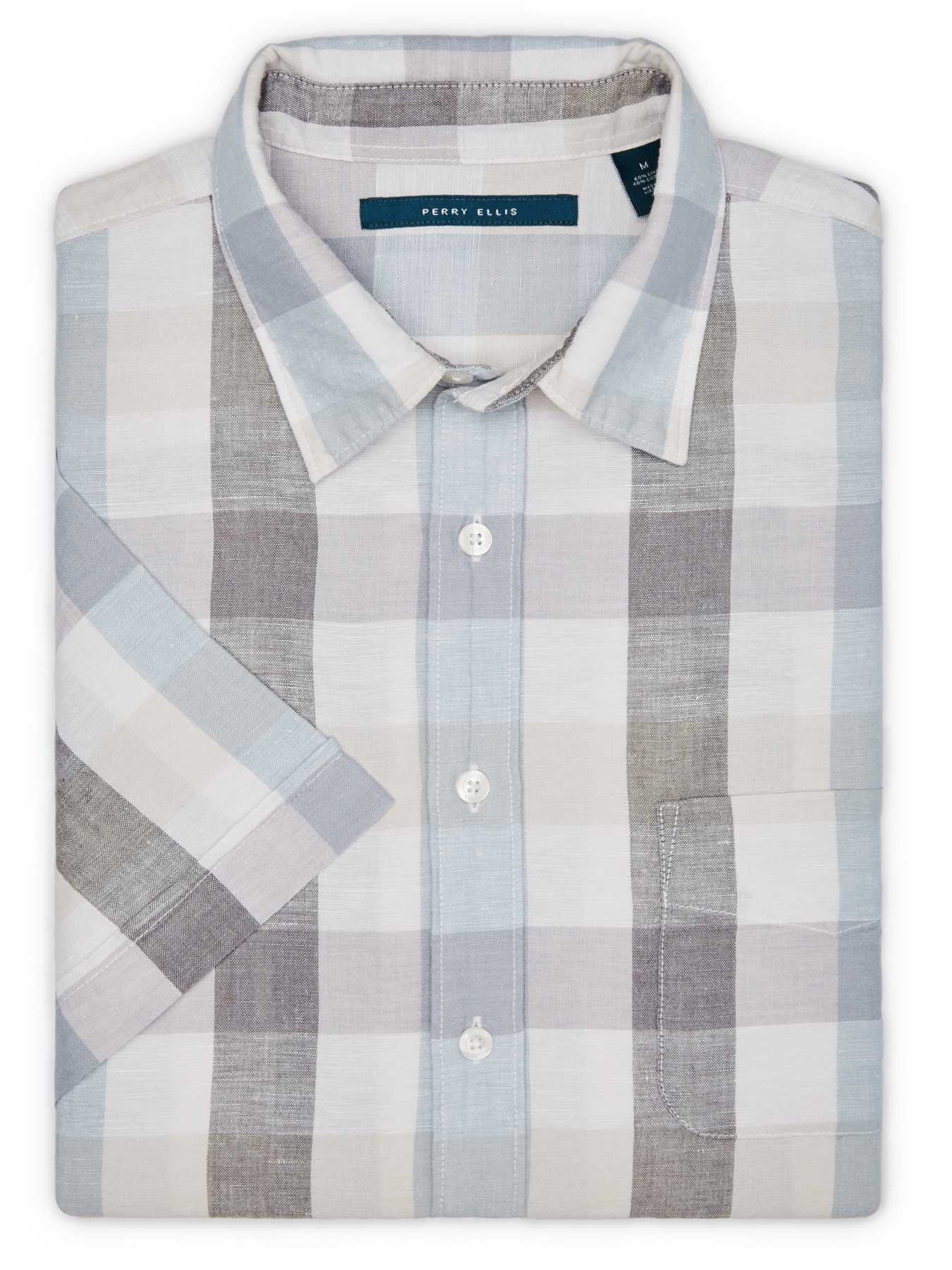 Perry Ellis Short Sleeve Plaid Linen Shirt
