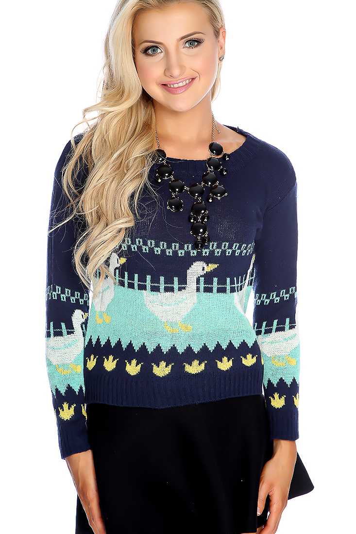 Navy Long Sleeve Round Neck Animal Print Sweater Top