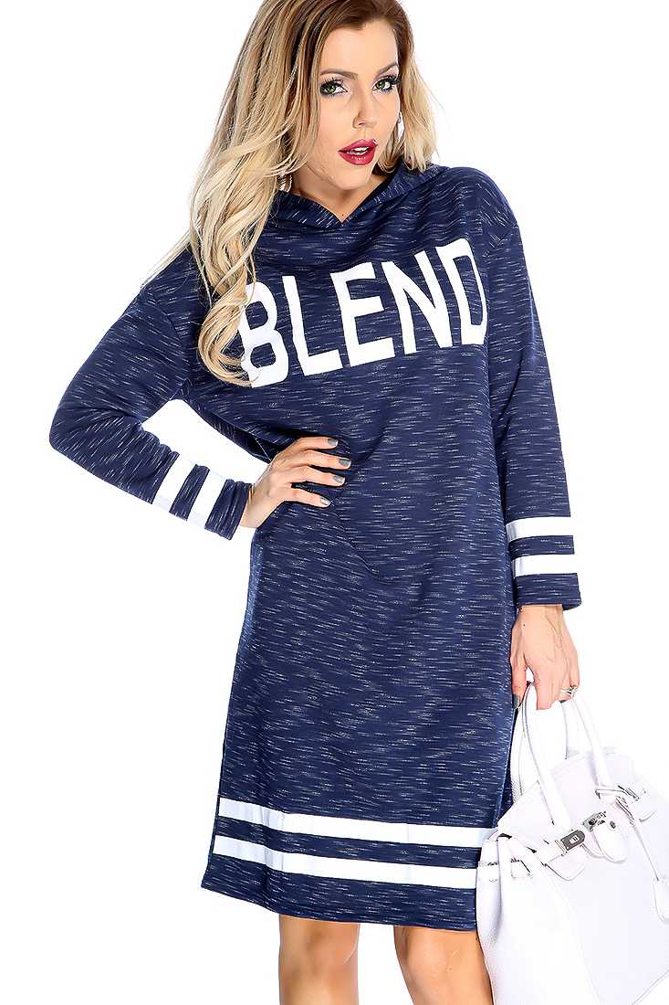 Navy Long Sleeve Hooded Burnout Graphic Print Sweater Dress