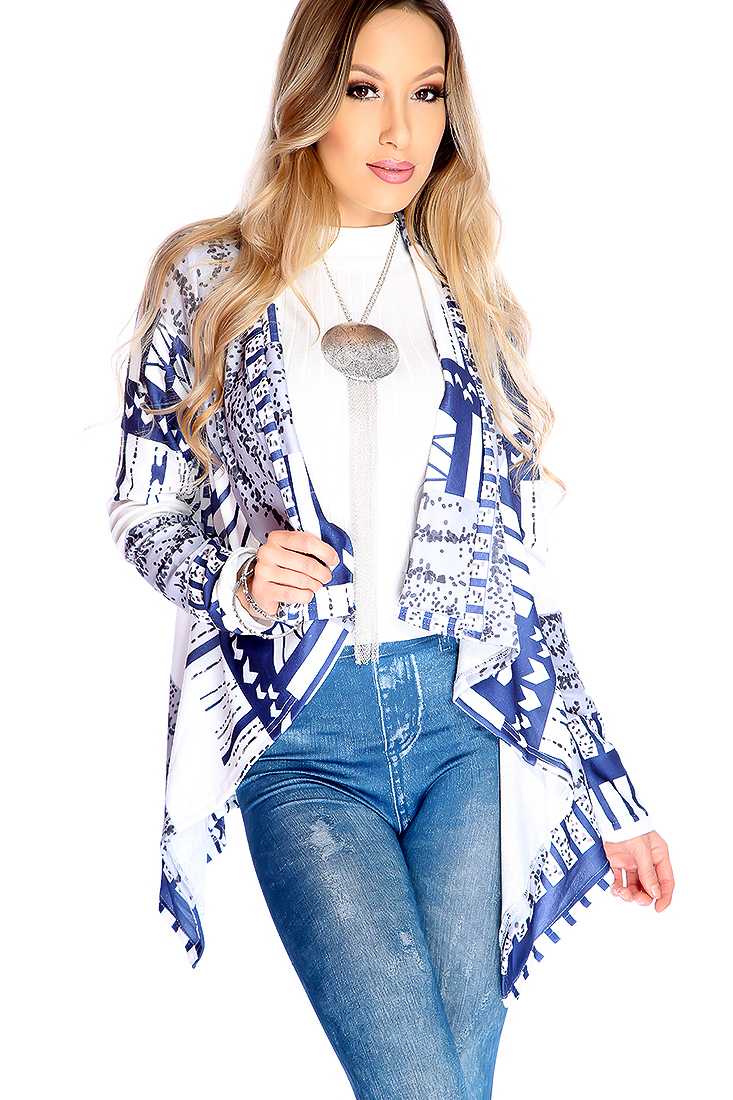 Navy White Tribal Print Open Front Sweater