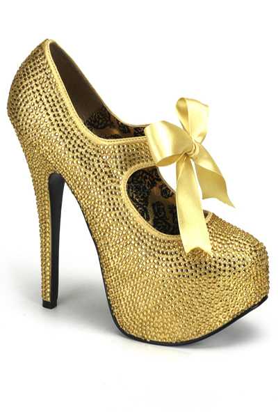 Gold Rhinestones Satin Ribbon Bow Tie Platform Pump High Heels