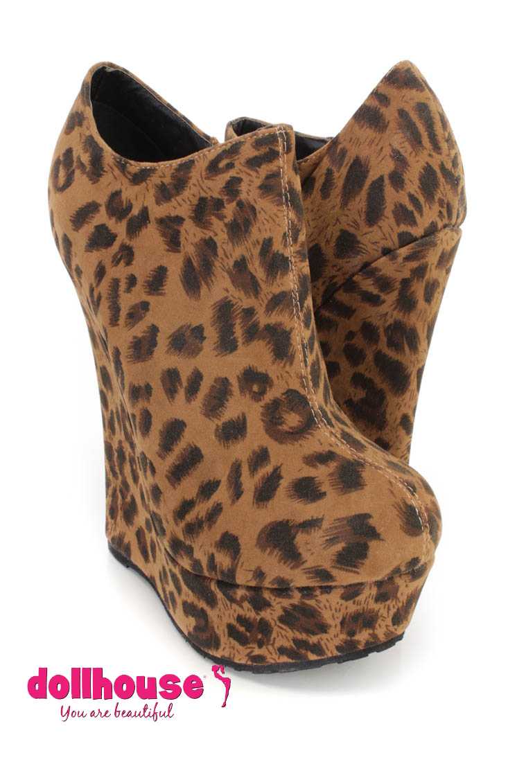 Natural Leopard Print Wedge Ankle Booties Faux Suede