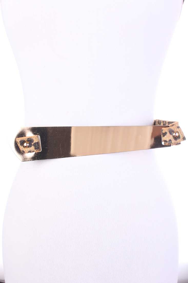 Leopard Print Rounded High Polish Metal Accent Spandex Belt