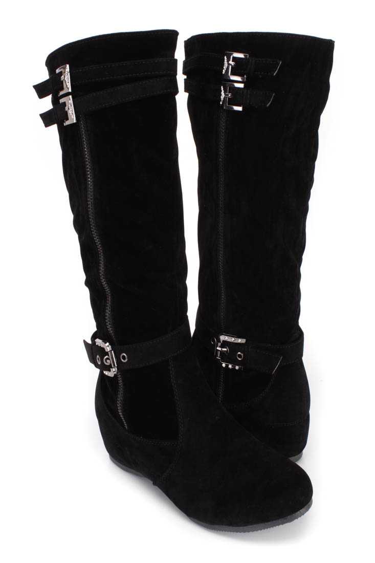 Black Buckle Strappy Comfy Boots Faux Suede