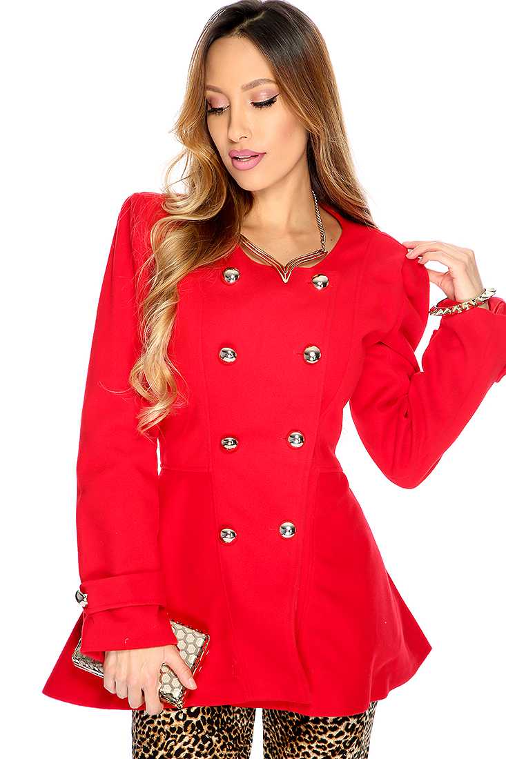 Red High Polish Double Breasted Cut Peacoat