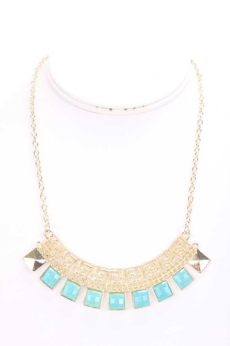 Baby Blue Squared Pendant High Polish Detailed Carved Necklace