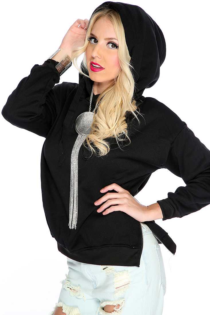 Black Long Sleeve Hooded Cute Sweater