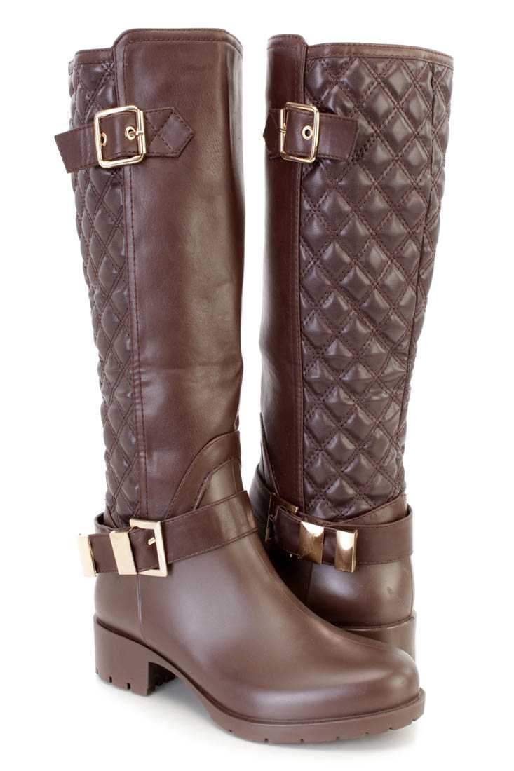Brown Stitched Quilted Riding Boots Faux Leather