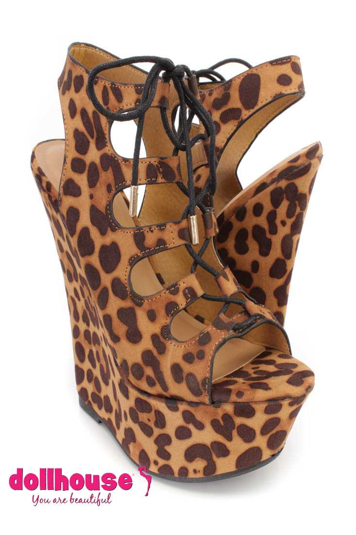 Leopard Lace Up Peep Toe Platform Wedges Faux Suede