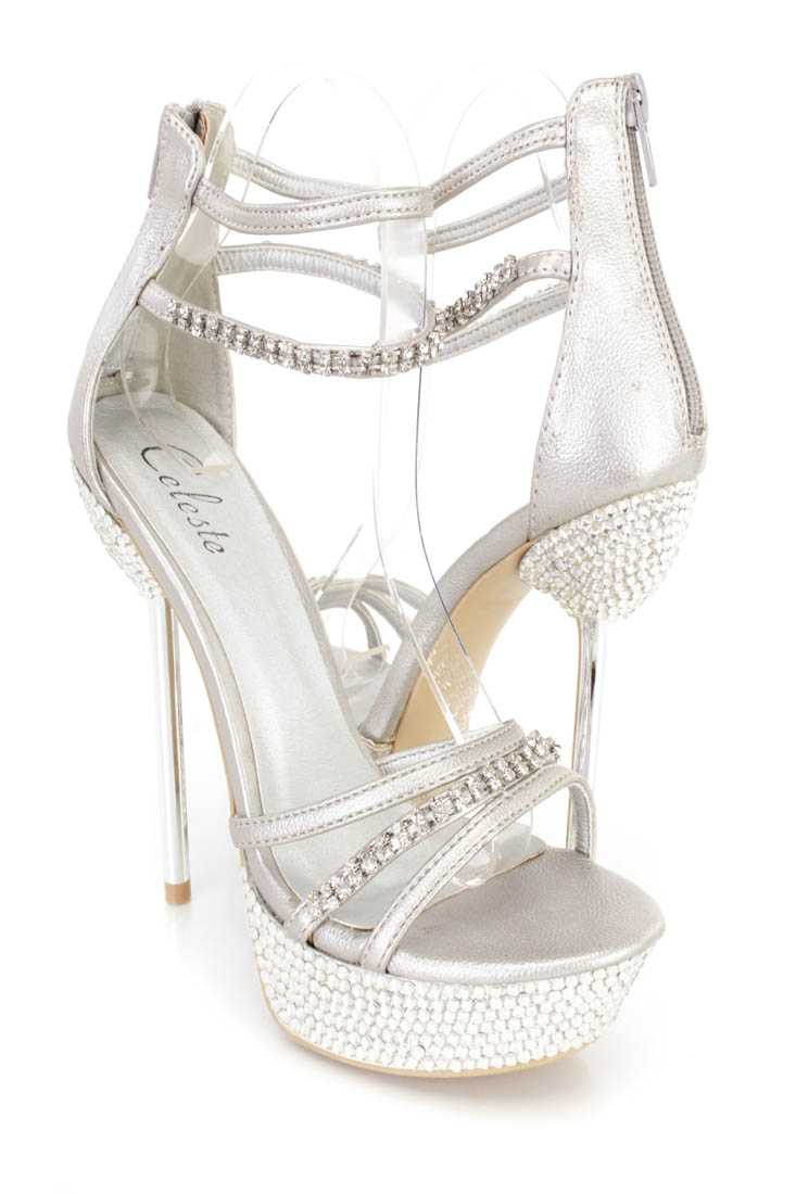 Silver Rhinestone Strappy Platform Stiletto High Heels Faux Leather
