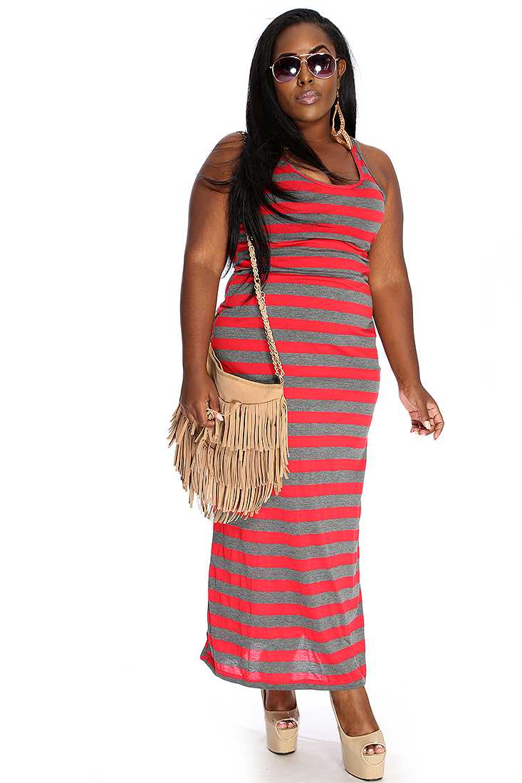 Red Grey Two Tone Striped Maxi Plus Size Dress