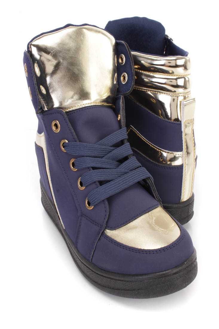 Navy Metallic Trim Lace Up Sneaker Wedges Nubuck