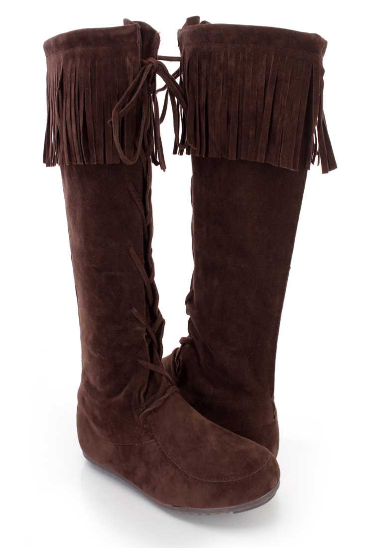 Brown Fringe Trim Lace Up Moccasin Boots Faux Suede