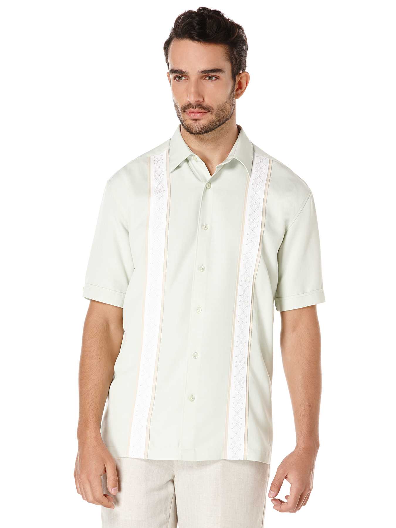 Cubavera Short Sleeve Grid Contrast Side Panels With Geo Embroidery