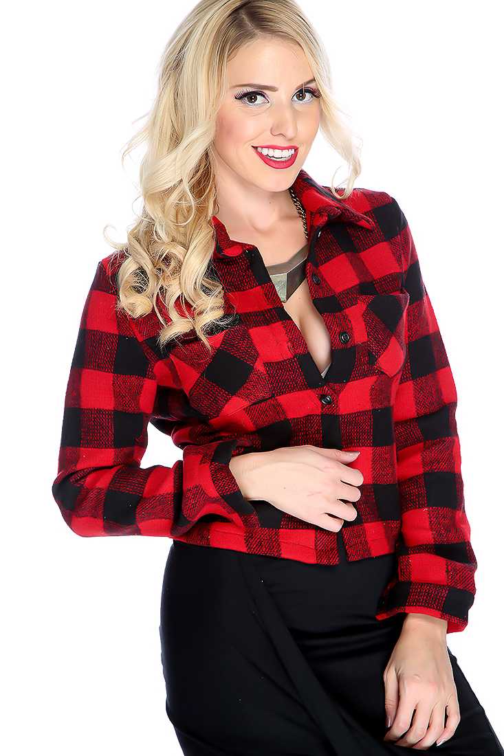 Red Black Cropped Flannel Jacket