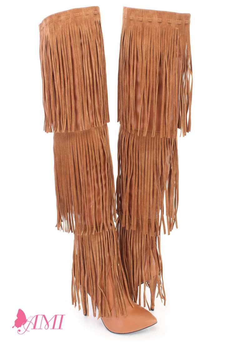Cognac Fringe Thigh High Heel Boots Faux Leather