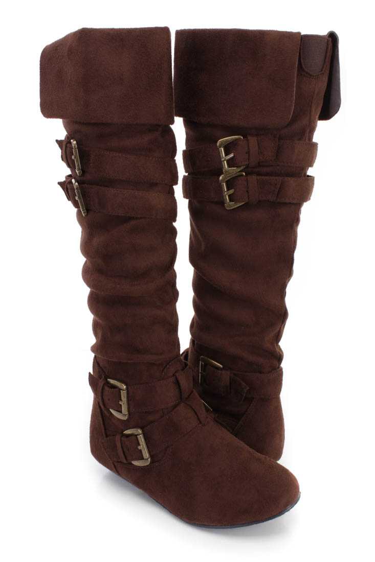 Brown Slouchy Buckle Strappy Boots Faux Suede