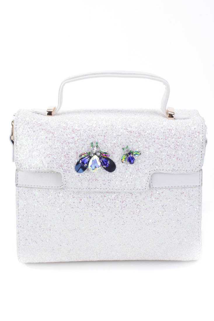 White Glitter Gemstone Bug Broach Handbag