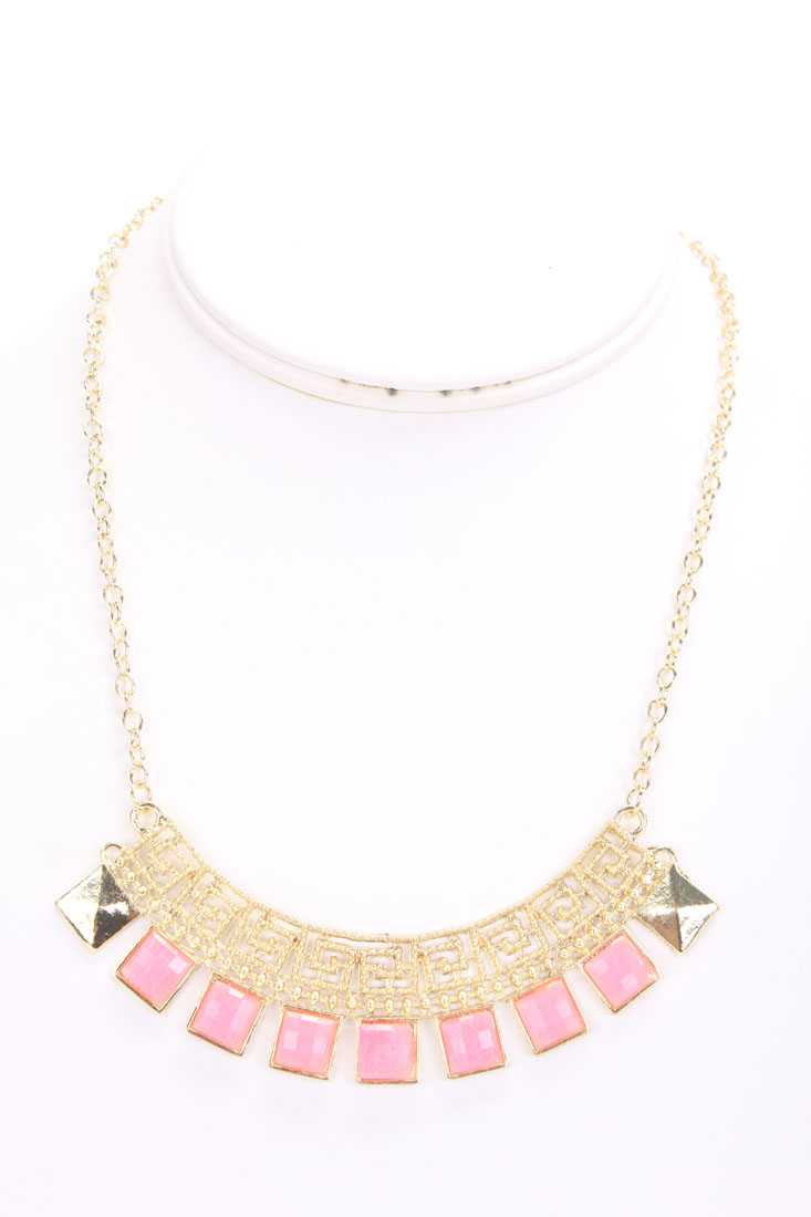 Pink Squared Pendant High Polish Detailed Carved Necklace