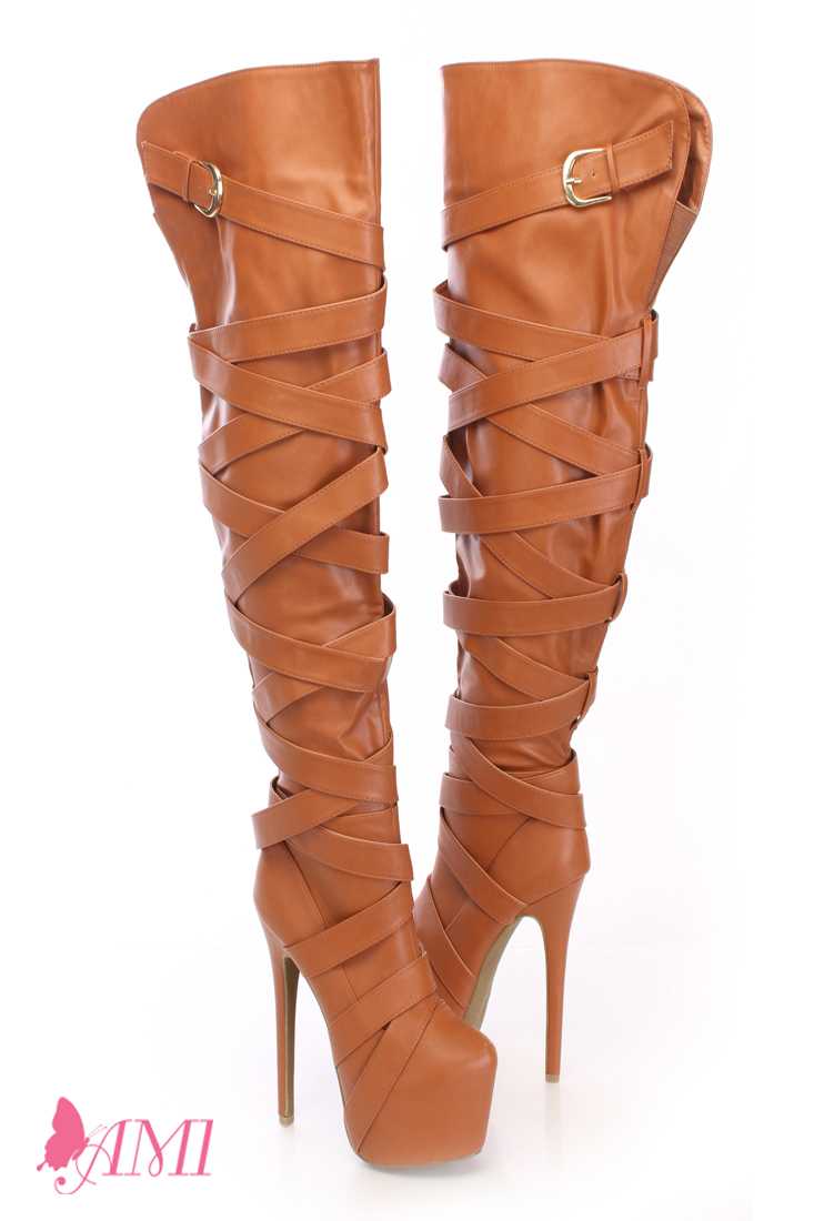 Cognac Wrap Around Strap Thigh High Boots Faux Leather