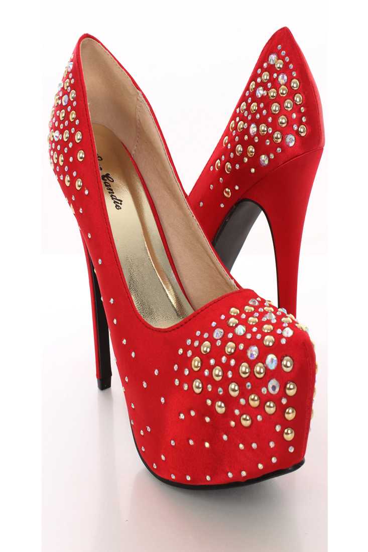 Red Satin Rhinestone Studded Heels