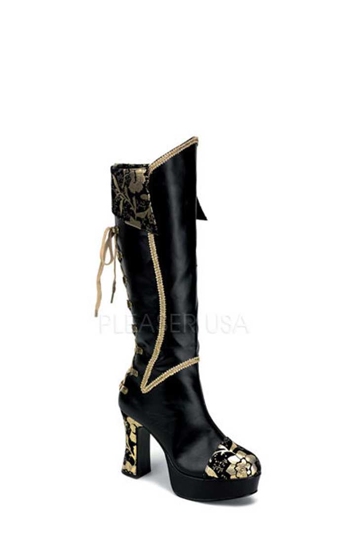 Black Gold Lace Up Corset Boots Faux Leather
