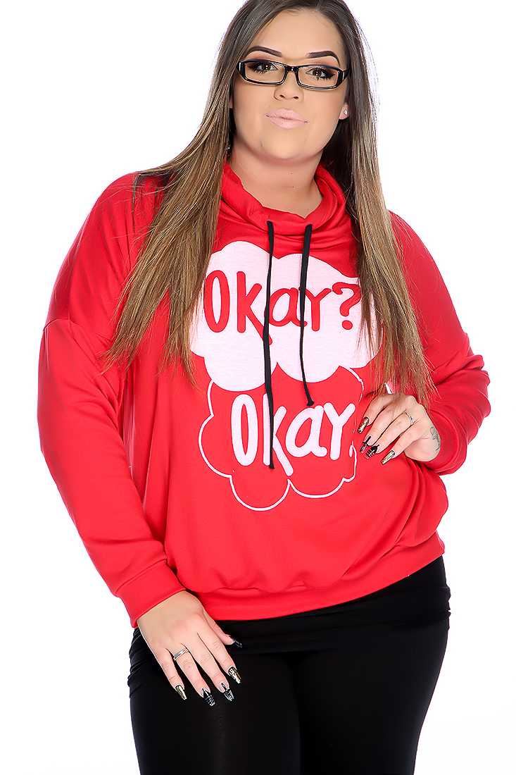 Red Graphic Design Cowl Neck Plus Size Sweater