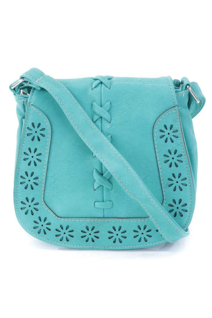 Jade Perforated Floral Accent Faux Leather Saddle Handbag