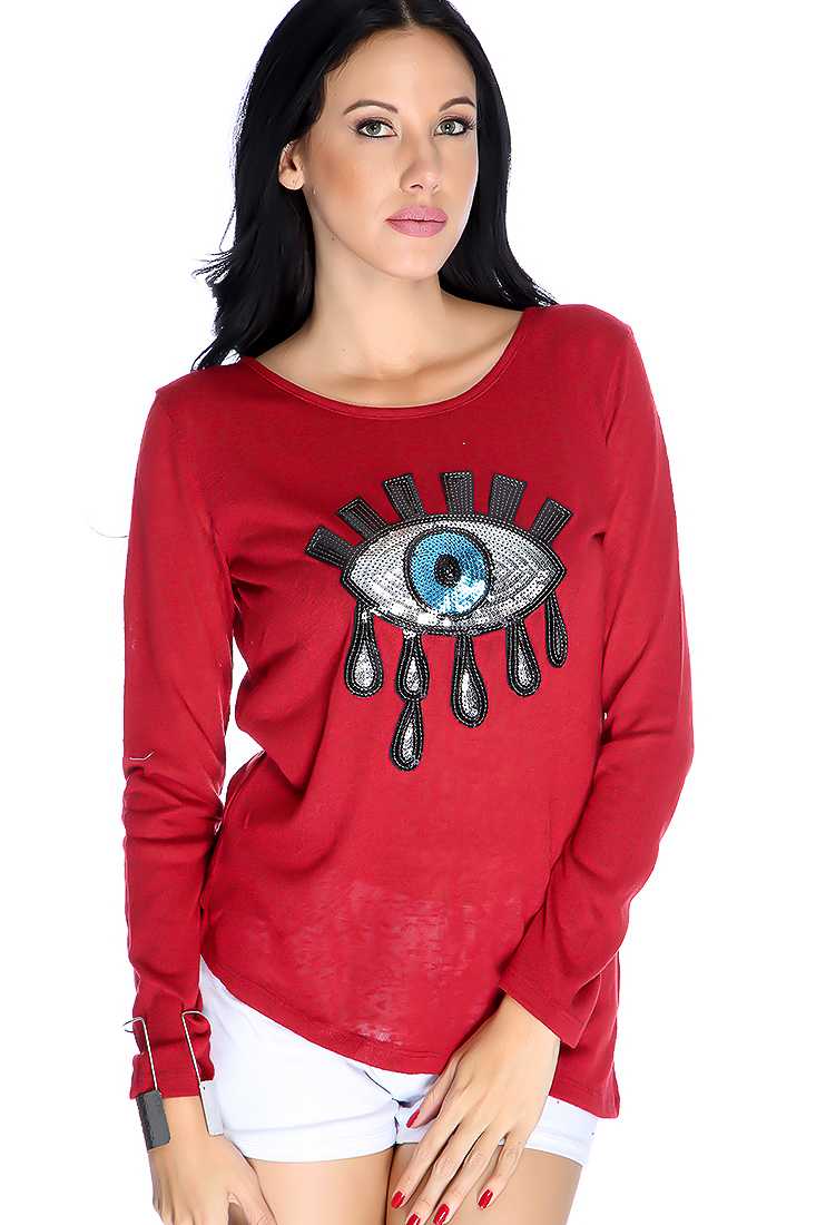 Wine Long Sleeve Sequin Eye Burnout Knit Causal Top