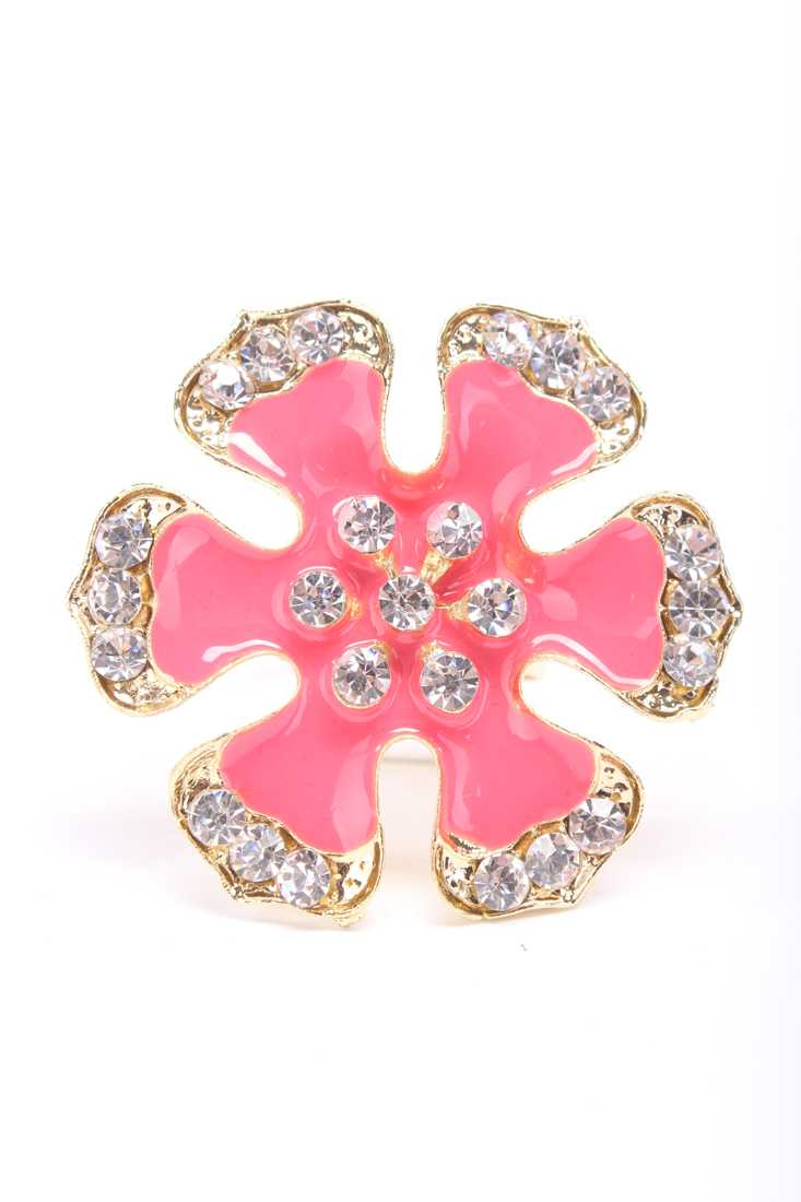 Gold Coral Faux Diamond Petal Outlined High Polish Flower Ring
