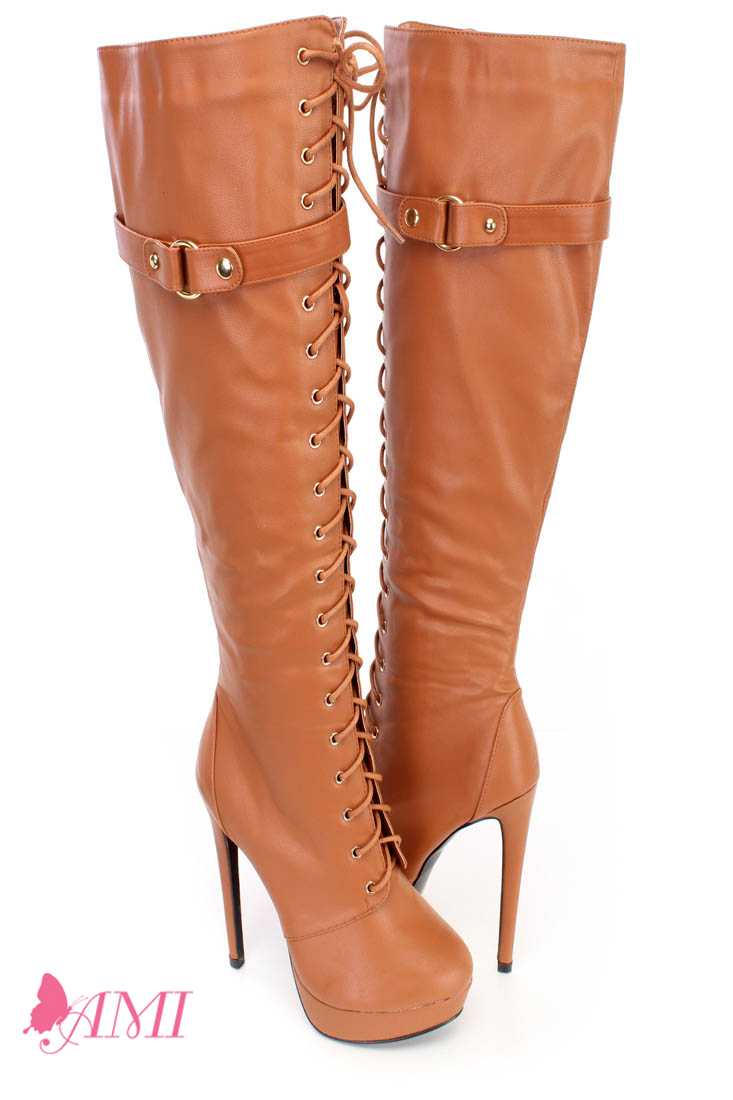 Cognac Lace Up Thigh High Fall High Heel Boots Faux Leather