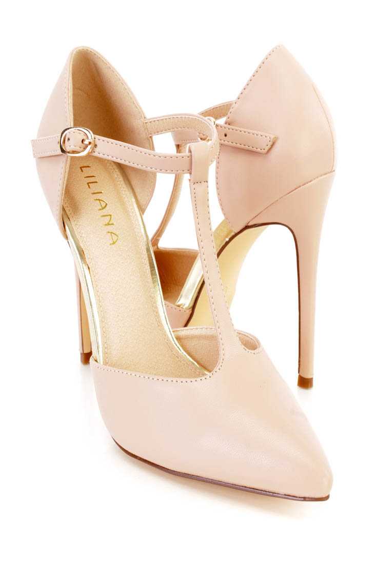 Nude T Strap Single Sole Heels Faux Leather