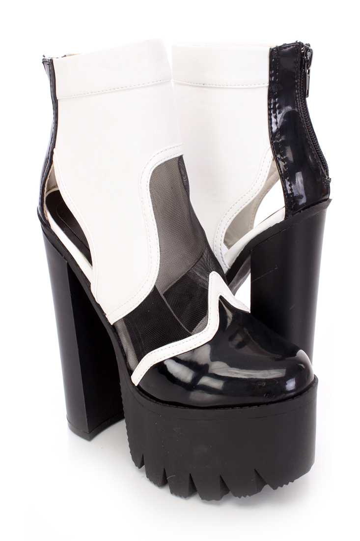 White Mesh Chunky Platform Booties Faux Leather