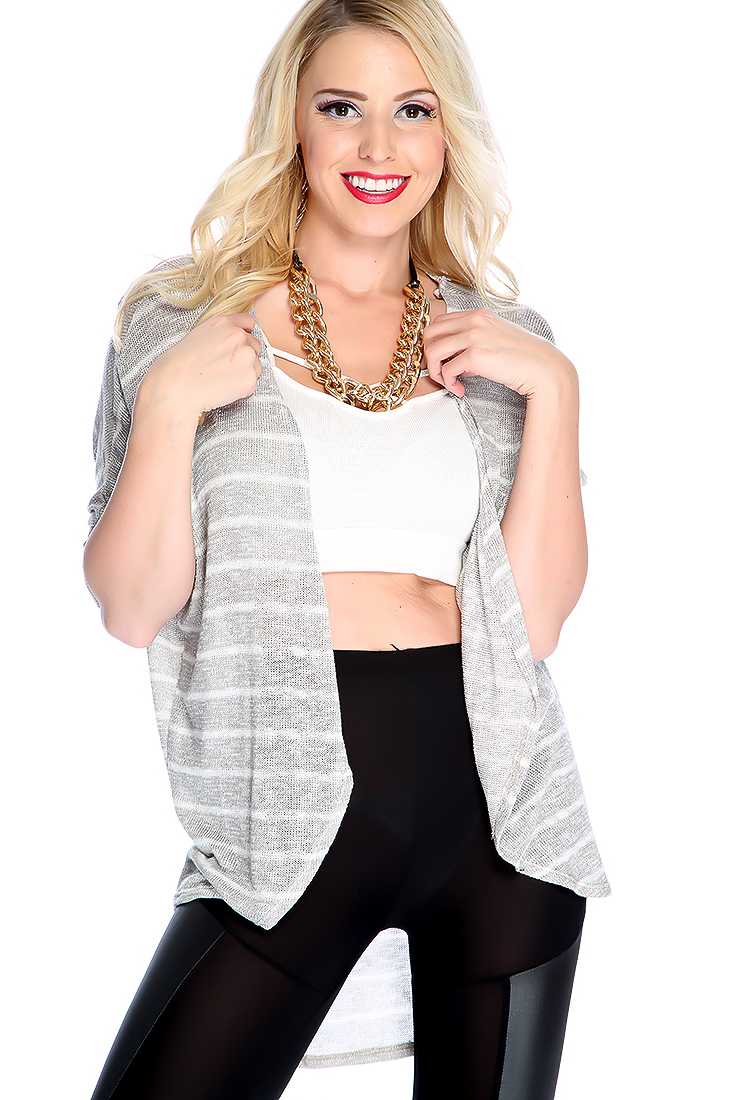 Grey Striped Open Front Oversize Cardigan