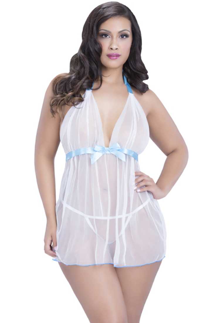 White Blue Two Tone 2Pc. Plus Size Baby Doll Lingerie Set
