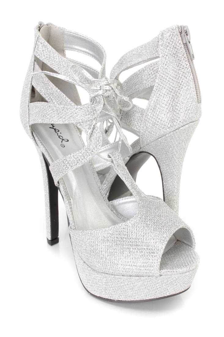 Silver Lace Up Peep Toe Platform High Heels Glitter