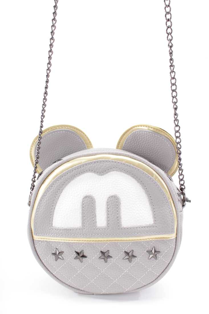 Grey Star Studded Mouse Ear Faux Leather Cross Body Bag