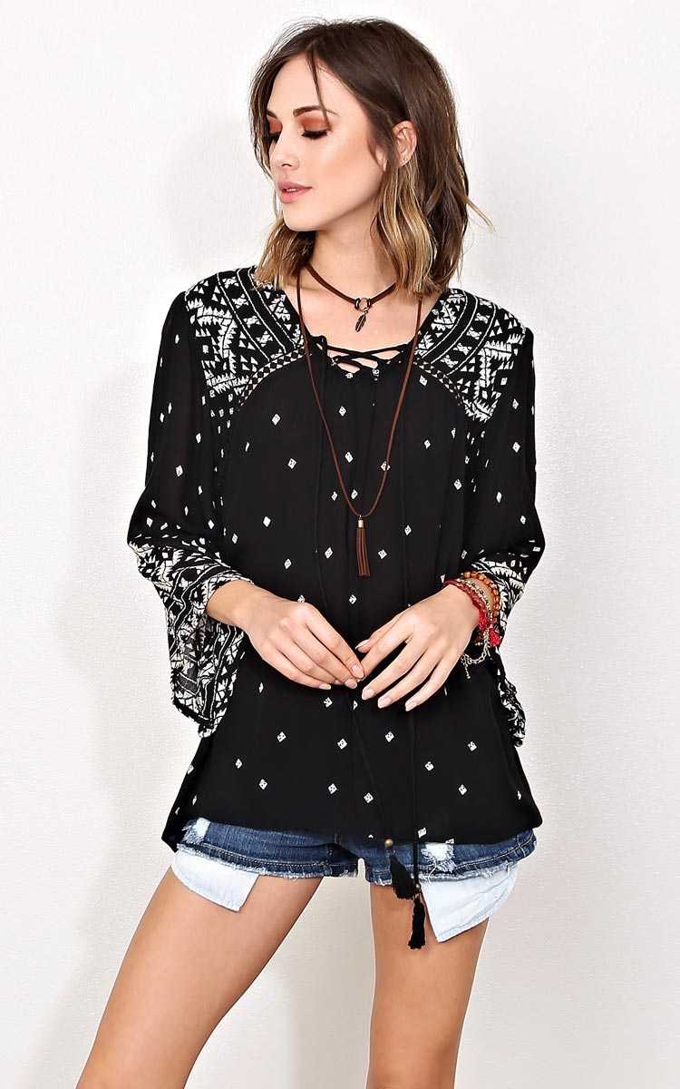ANGIE Aztec Appeal Woven Gauze Top - MED - Black Combo in Size Medium by Styles For Less
